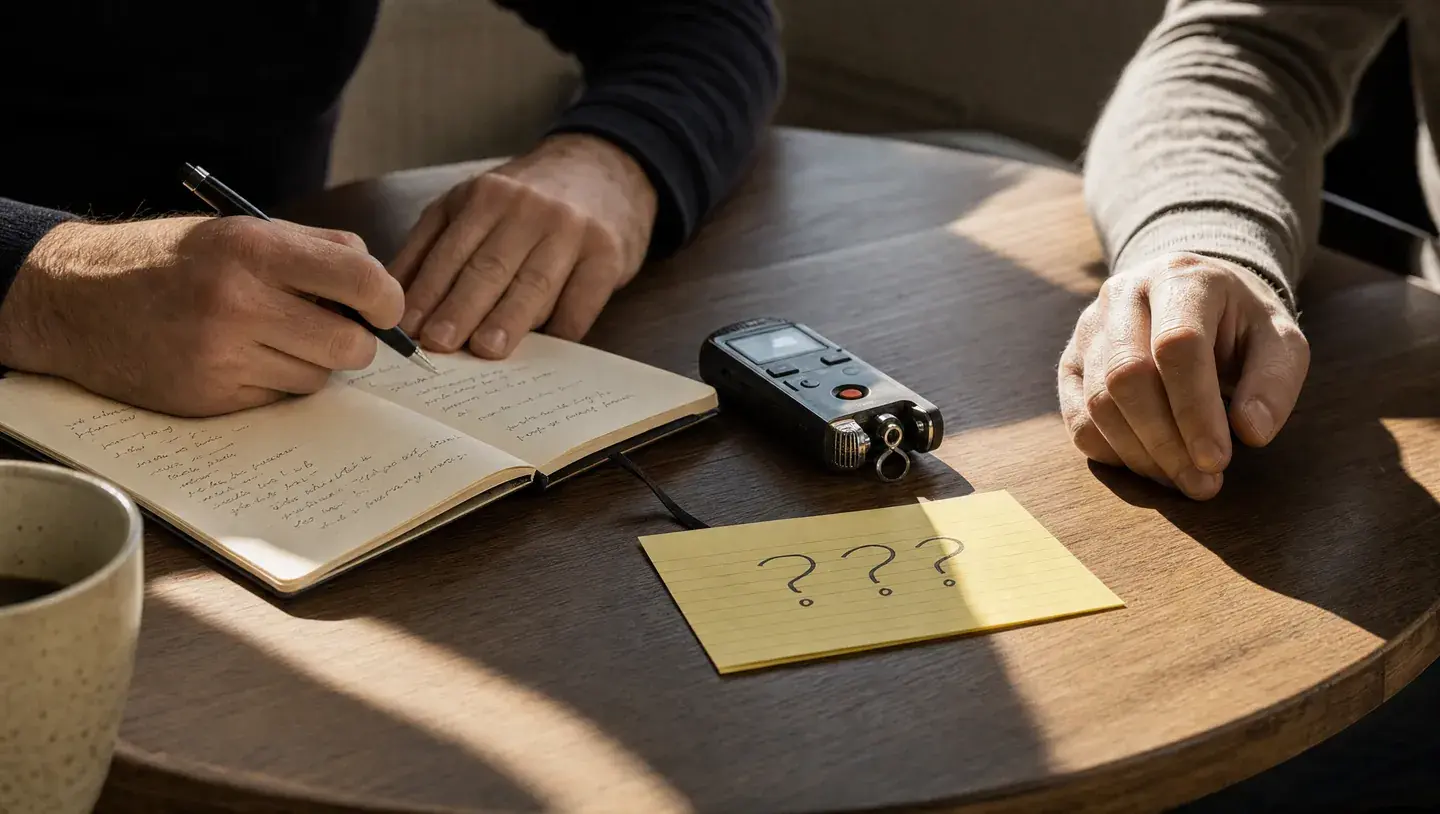 Handen maken interviewnotities naast een audiorecorder en een gele kaart met vragen
