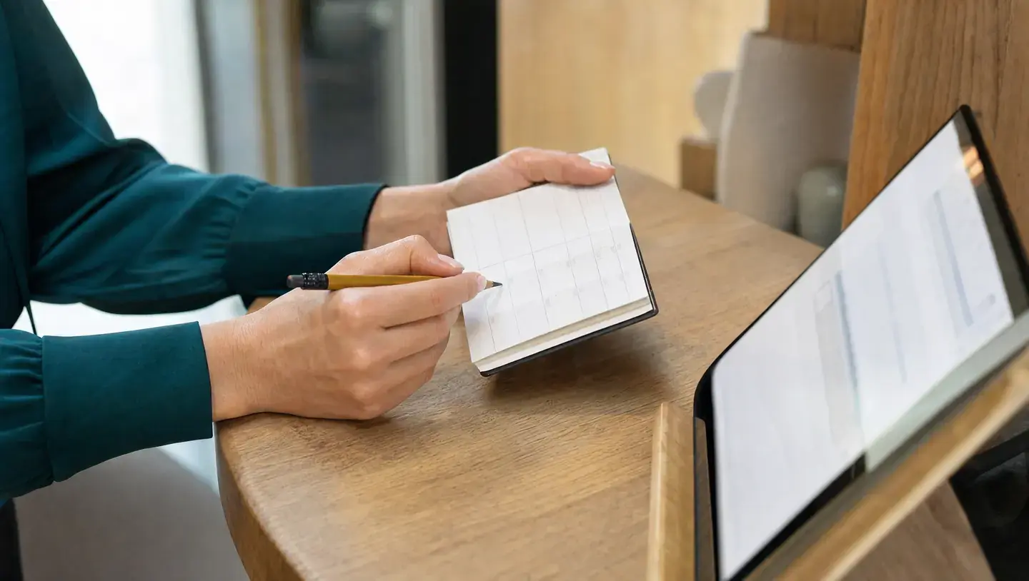 Handen controleren een papieren afsprakenagenda naast een tablet op een houten balie