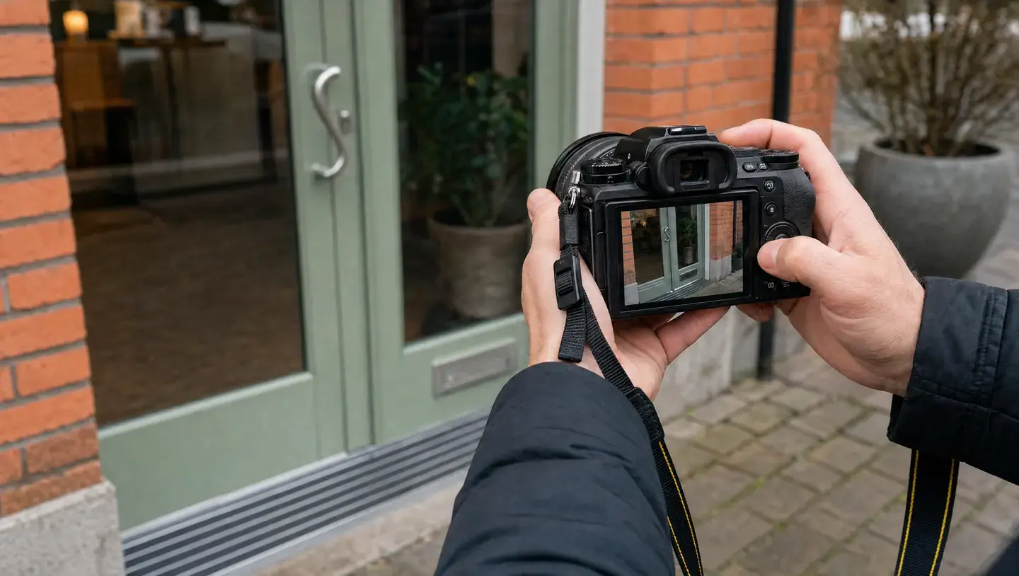 Handen fotograferen met een camera de ingang en drempel van een pand