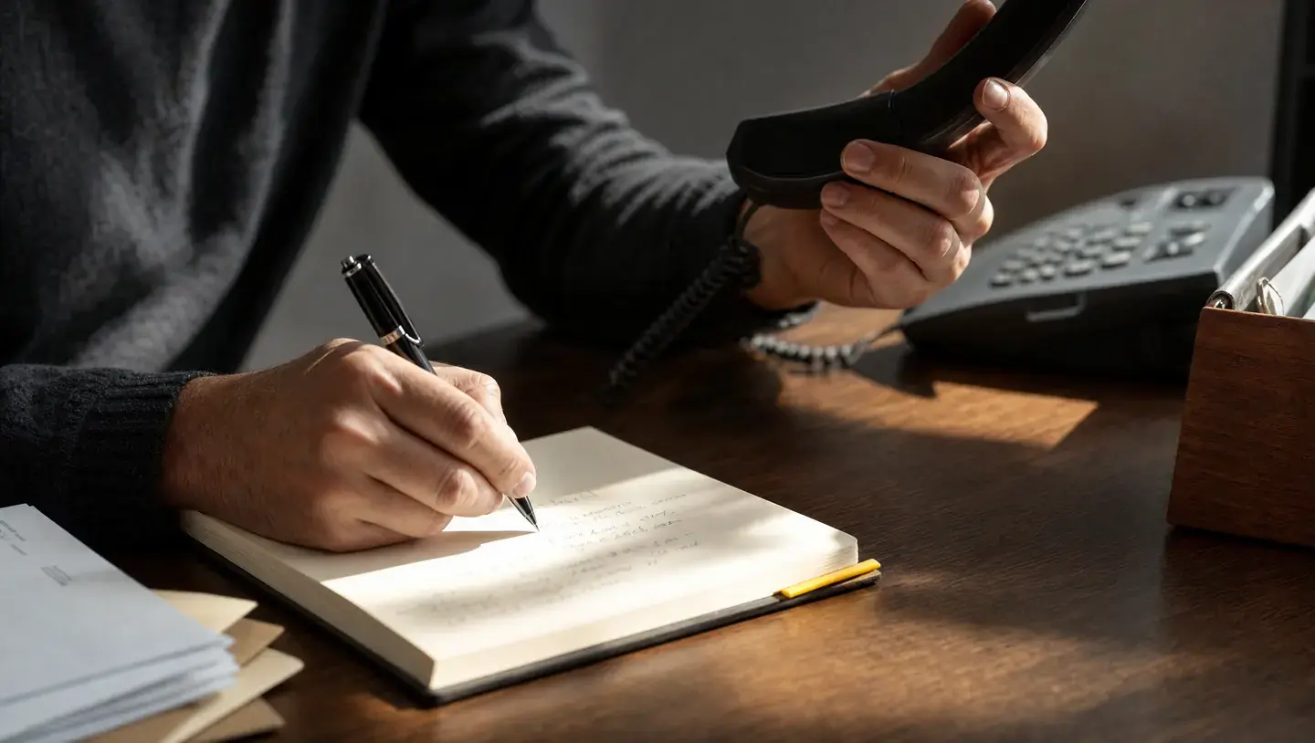 Handen houden een telefoonhoorn vast en schrijven notities in een boekje