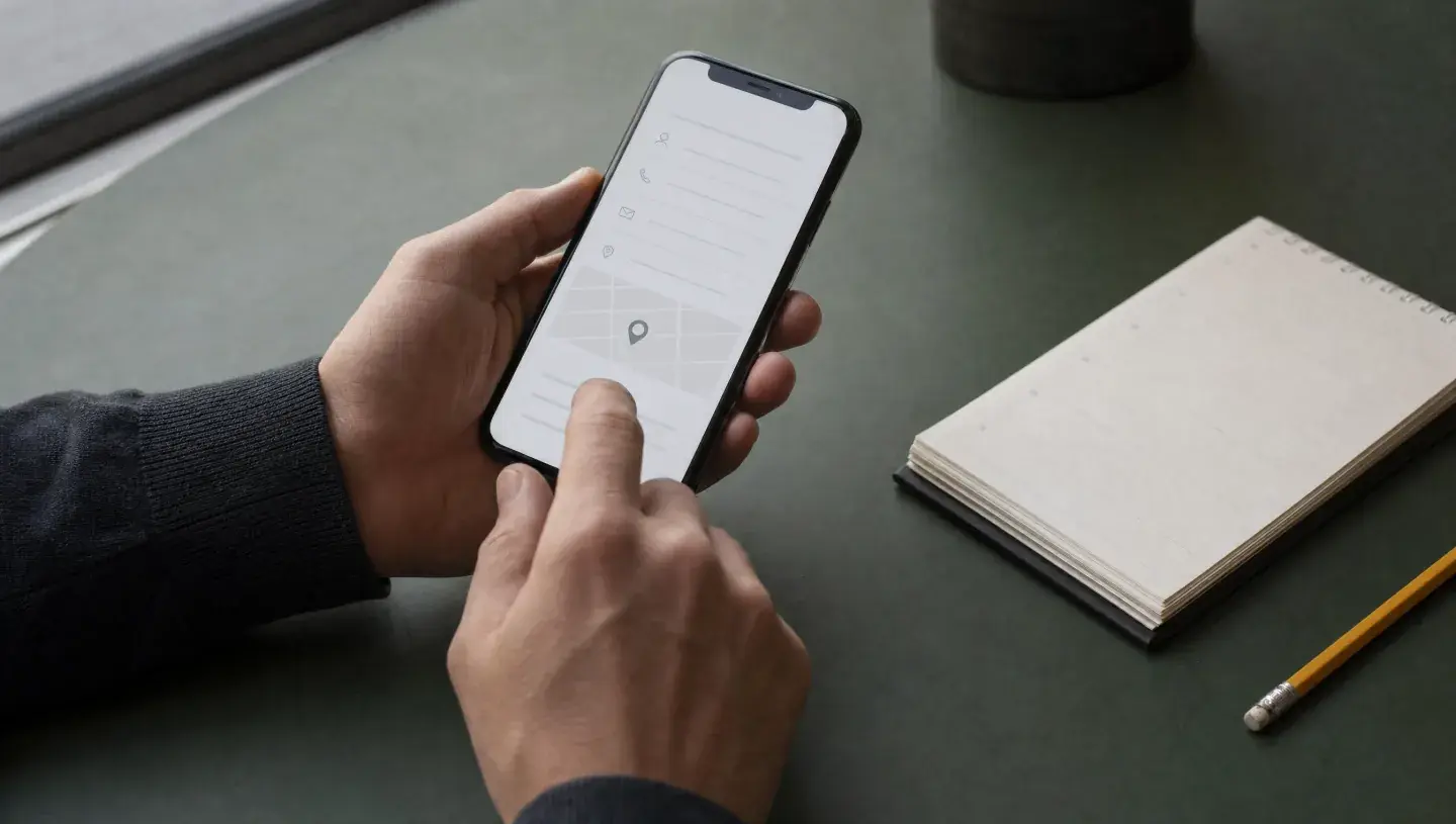 Handen bekijken een mobiele contactpagina naast een notitieboek