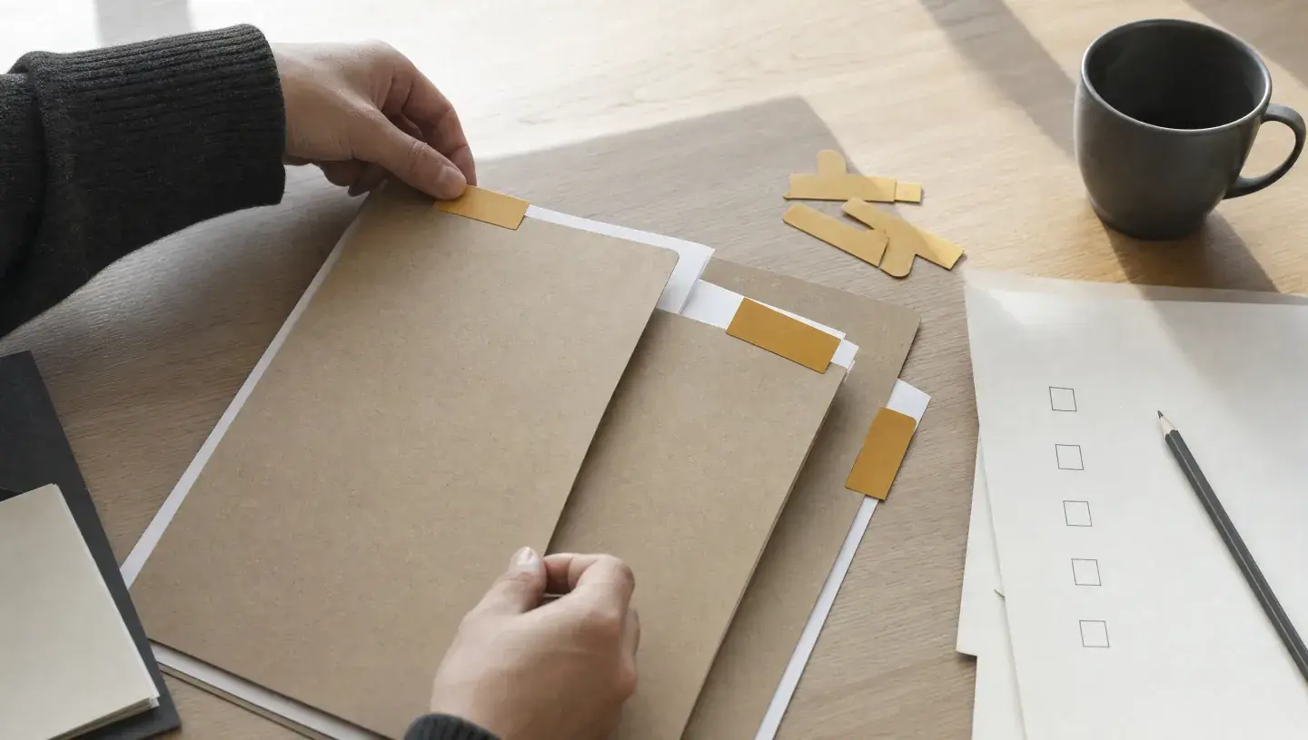 Handen ordenen drie locatiedossiers met gele tabs op een houten tafel