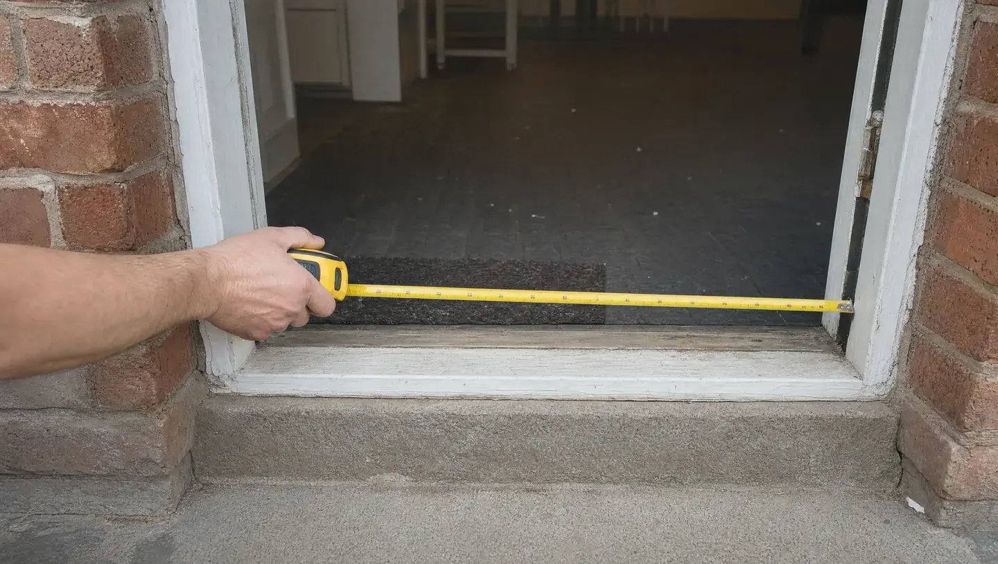 Een hand controleert met een rolmaat een deuropening en zichtbare drempel