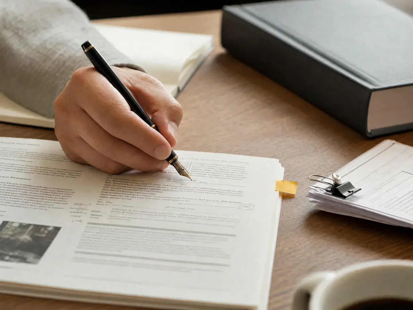 Een tekst wordt met een pen gecontroleerd naast geordende bronpagina’s