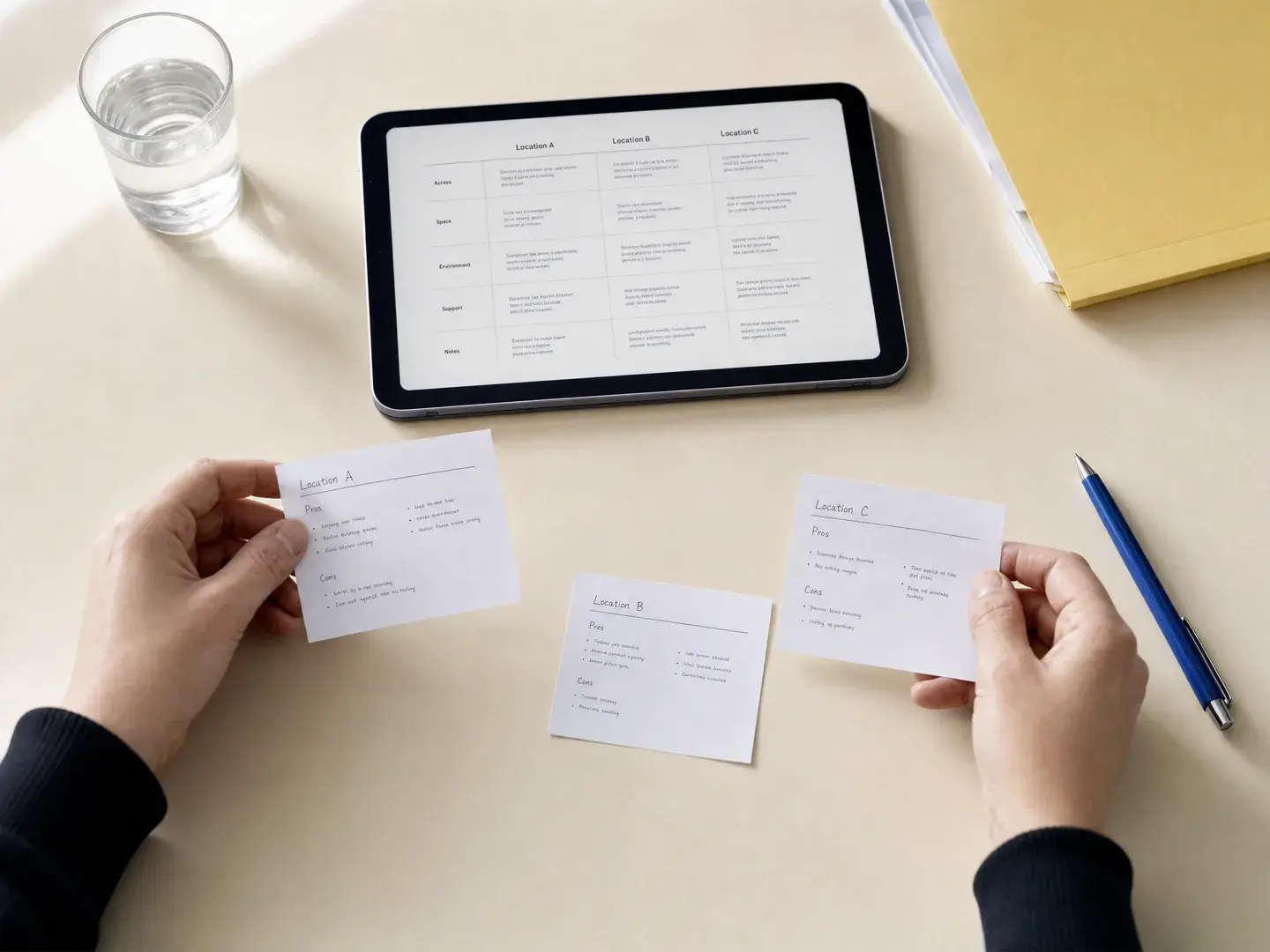 Handen vergelijken drie onderzoekskaarten rond een tablet met een overzichtstabel