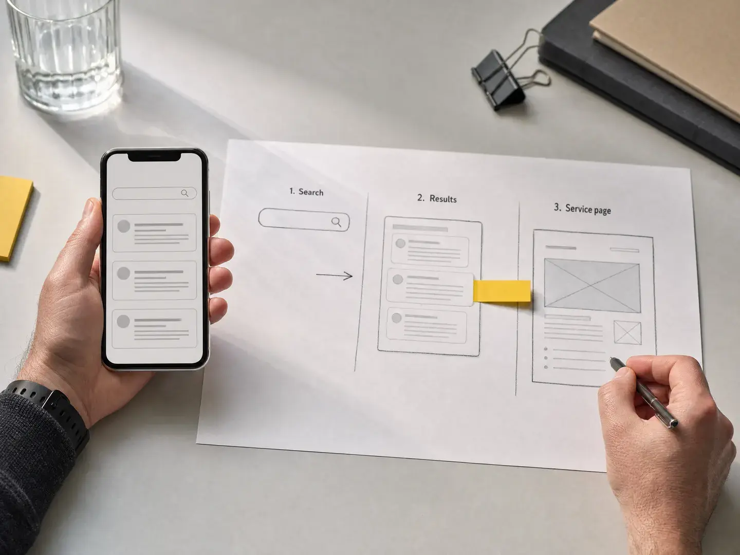 Een telefoon met zoekresultaten wordt vergeleken met een getekende route naar een dienstpagina