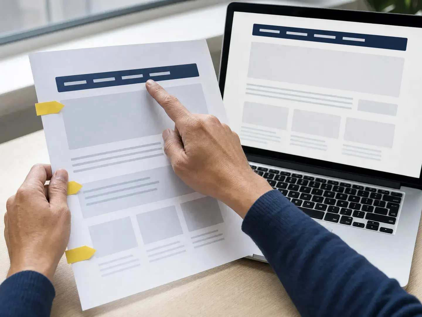 Een hand vergelijkt een bestaand paginaontwerp op papier met dezelfde structuur op een laptop