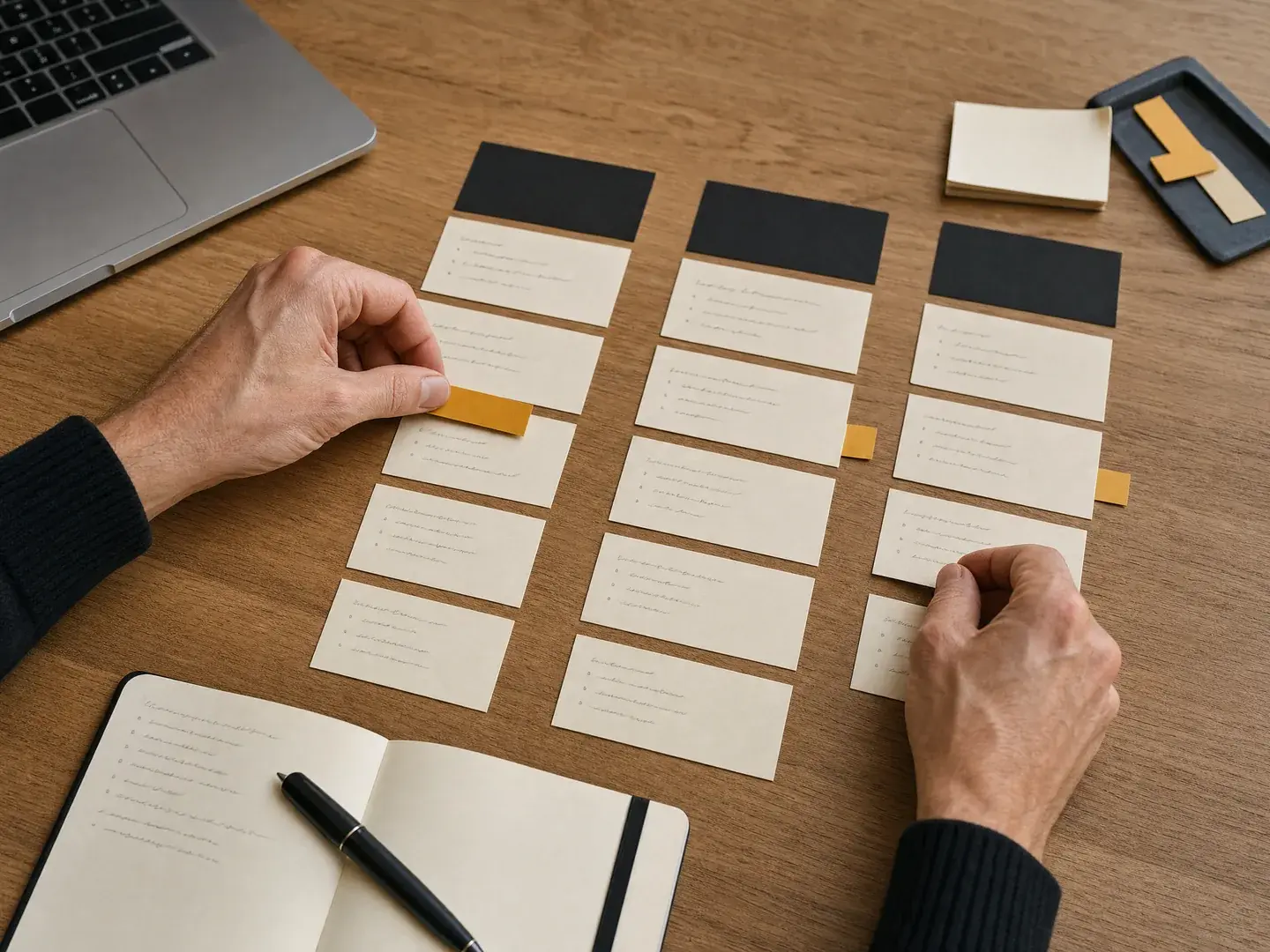 Een werkplanning wordt besproken met taken en verantwoordelijkheden op papier