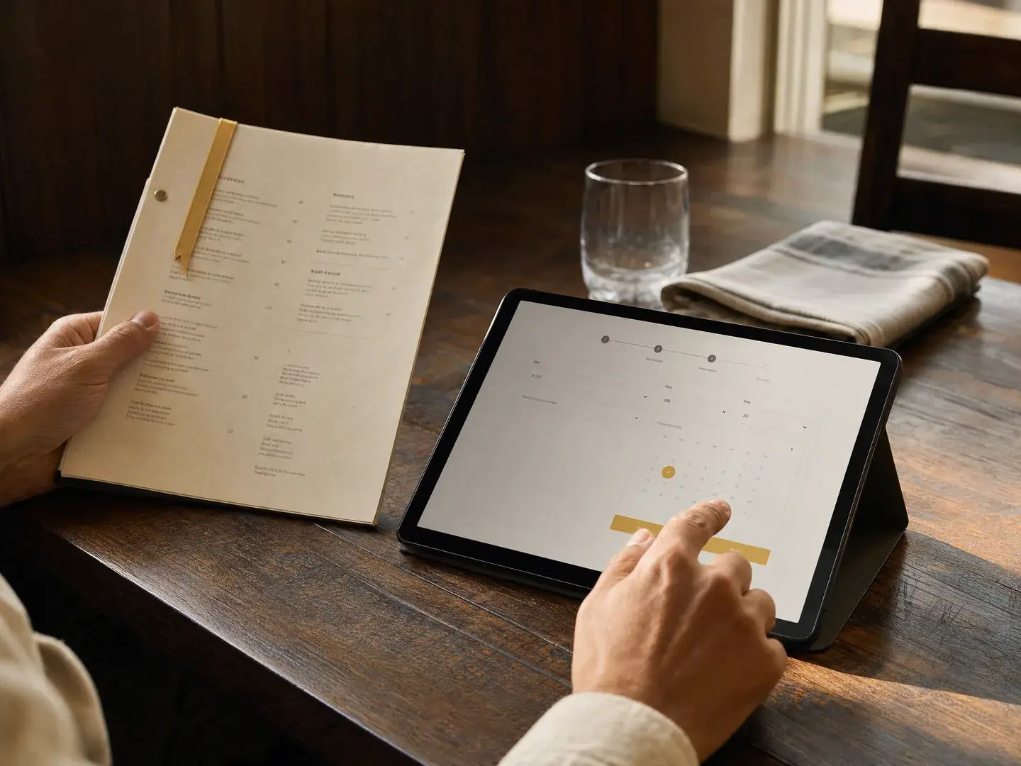 Handen vergelijken een papieren menukaart met een reserveringsscherm op een tablet