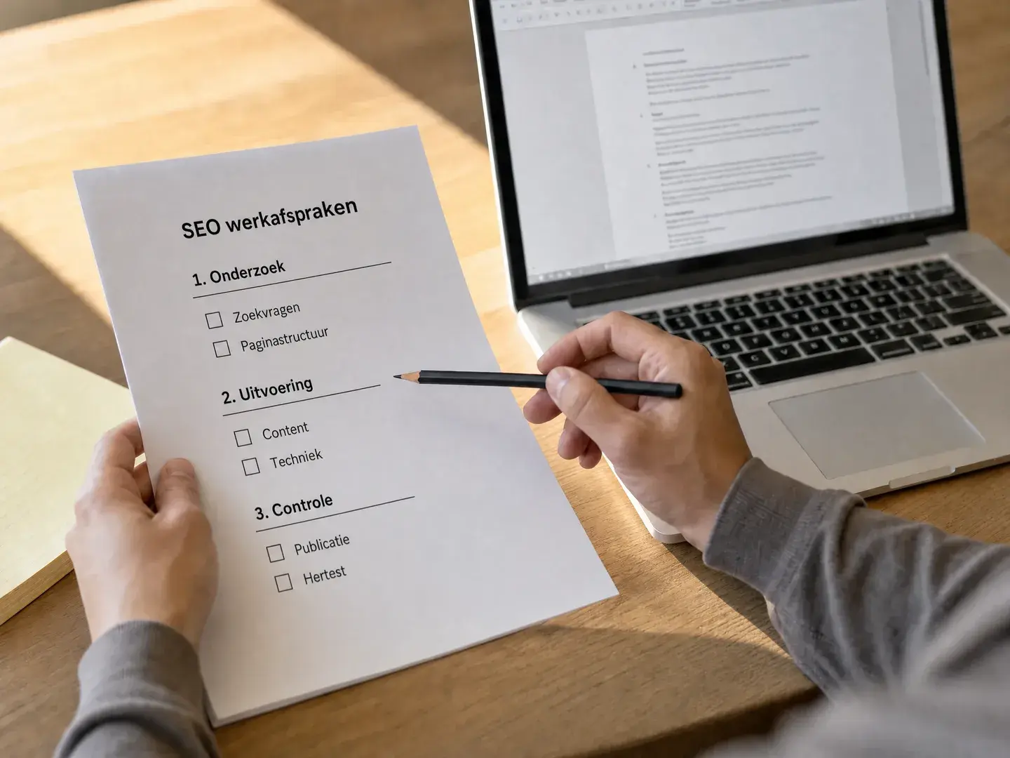 Handen vergelijken twee werkvoorstellen met een checklist voor verantwoordelijkheden