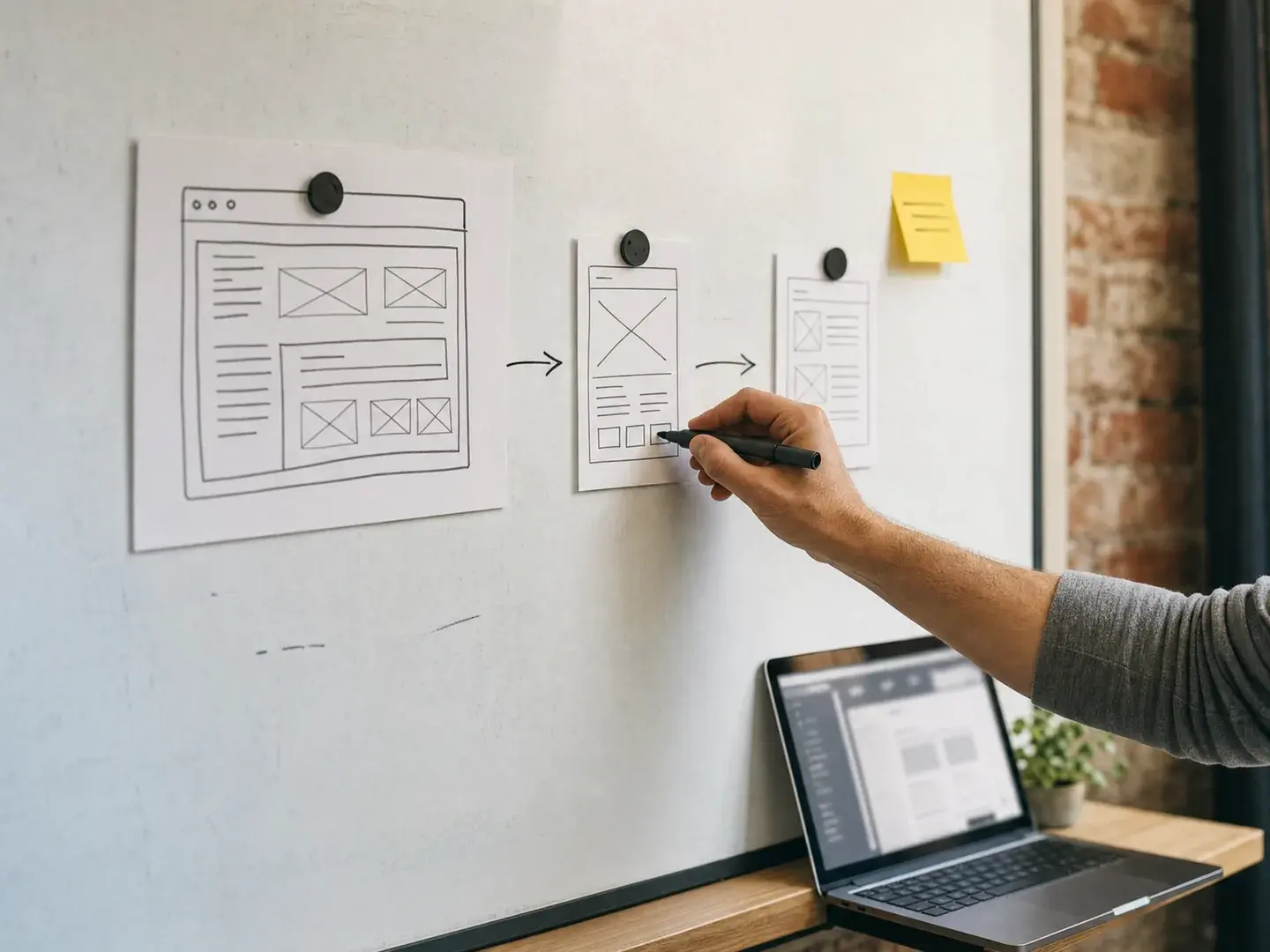 Een hand verbindt interfaceontwerpen op een whiteboard naast een laptop