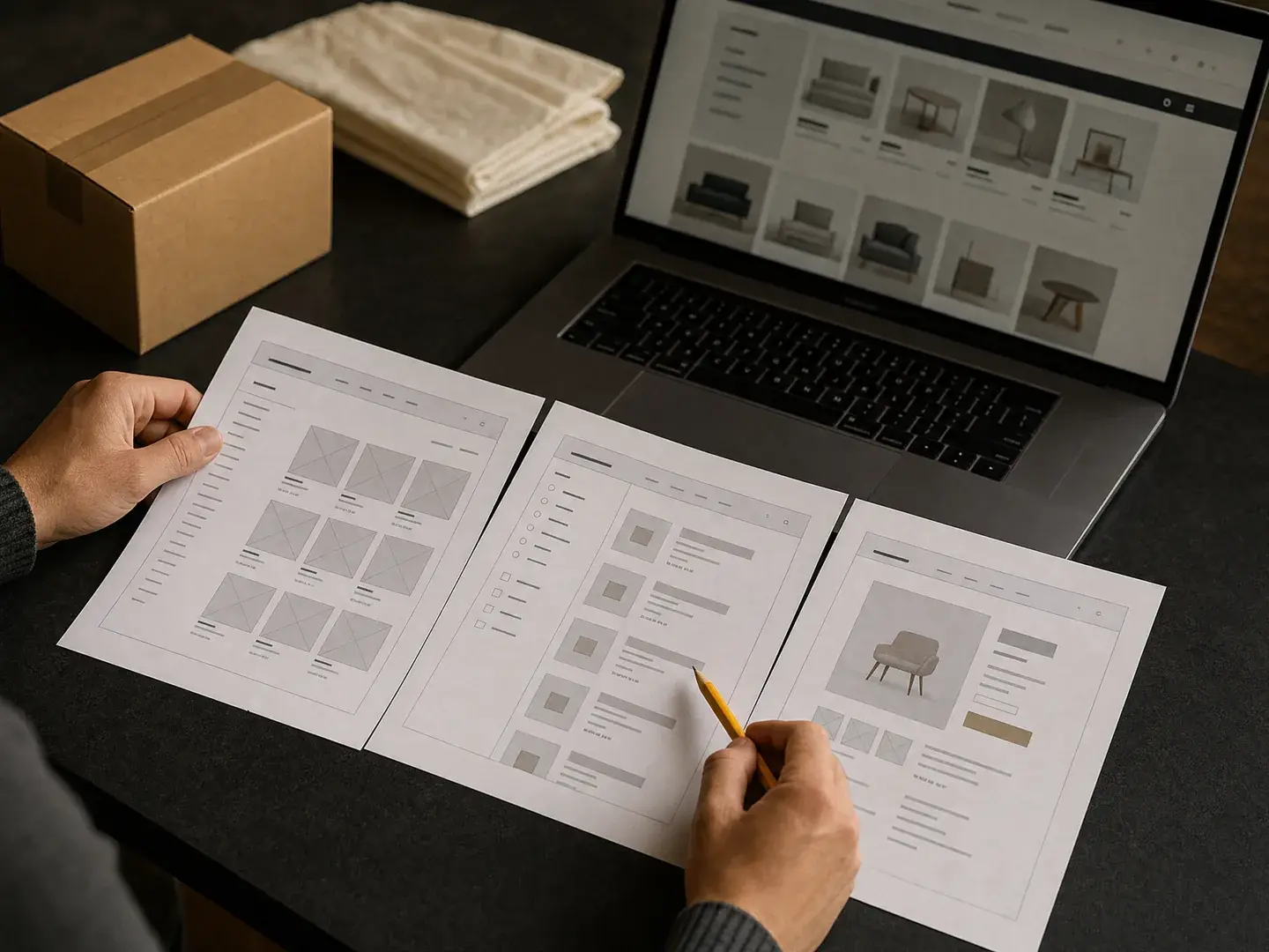 Categorie-, filter- en productontwerpen worden naast een webshop op een laptop beoordeeld