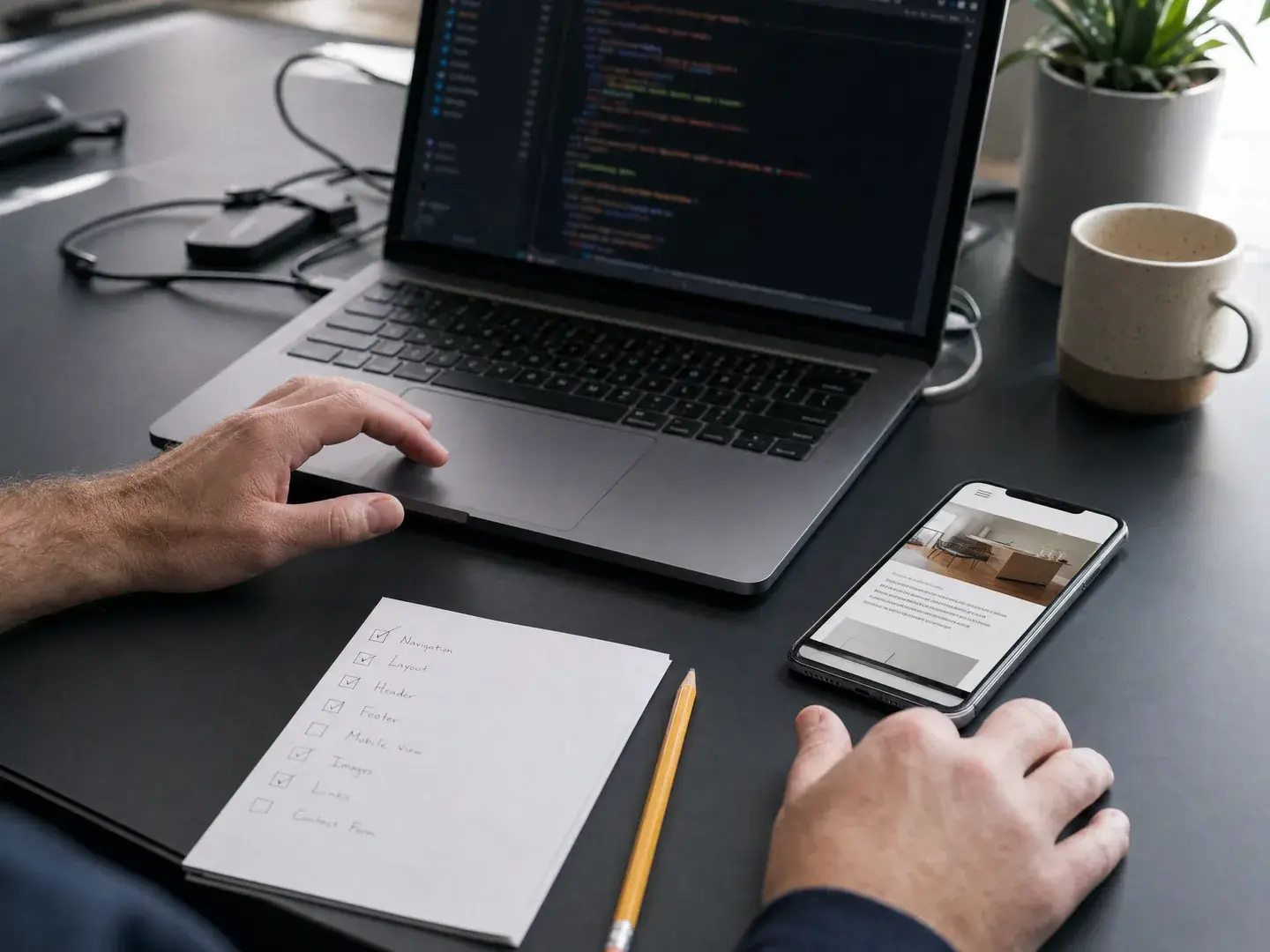Een mobiele website wordt naast een laptop en controlelijst getest