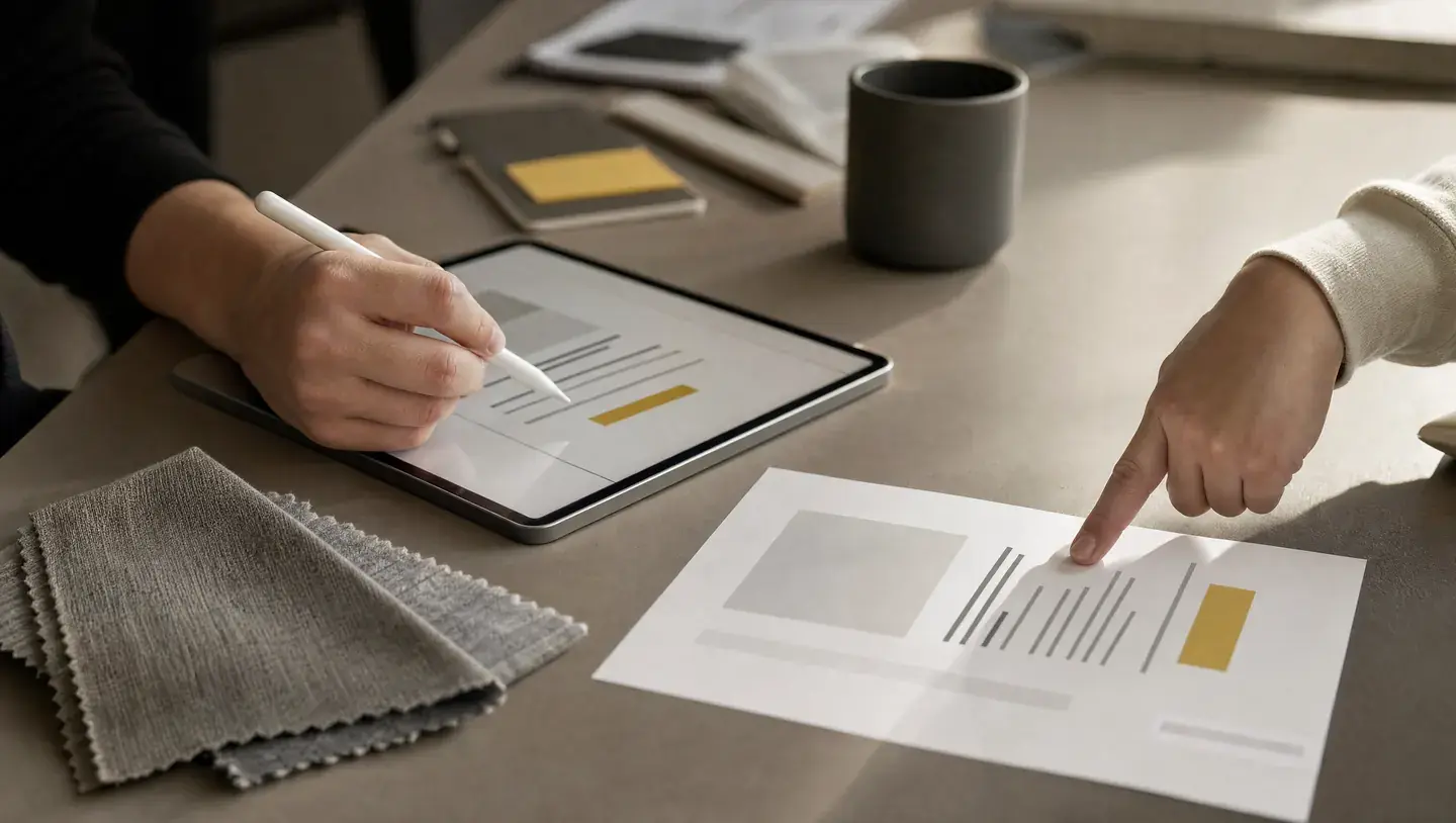 Handen vergelijken een interface op een tablet met een papieren ontwerp
