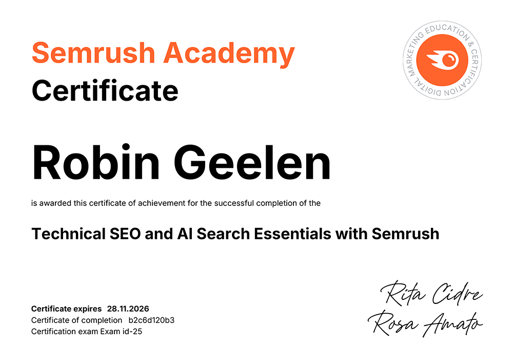 Semrush Academy Certificate - Technical SEO and AI Search Essentials - Robin Geelen