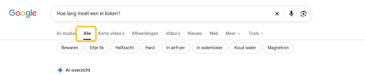 Terug naar het tabblad Alle in Google Zoeken