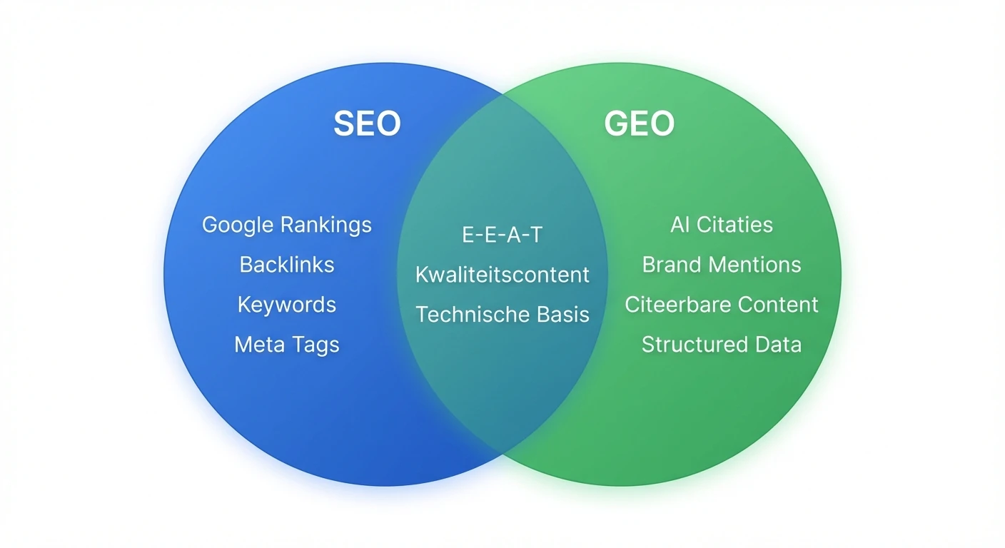Infographic: Venn diagram SEO vs GEO - SEO focust op Google Rankings en Backlinks, GEO op AI Citaties en Brand Mentions, overlap op E-E-A-T en Kwaliteitscontent