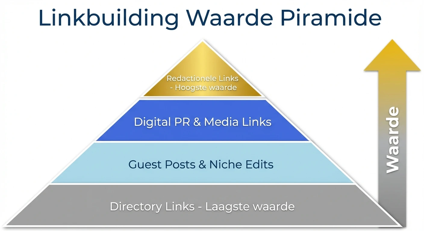 Infographic: Linkbuilding waarde piramide - van Directory Links (laagste) via Guest Posts en Digital PR naar Redactionele Links (hoogste waarde)