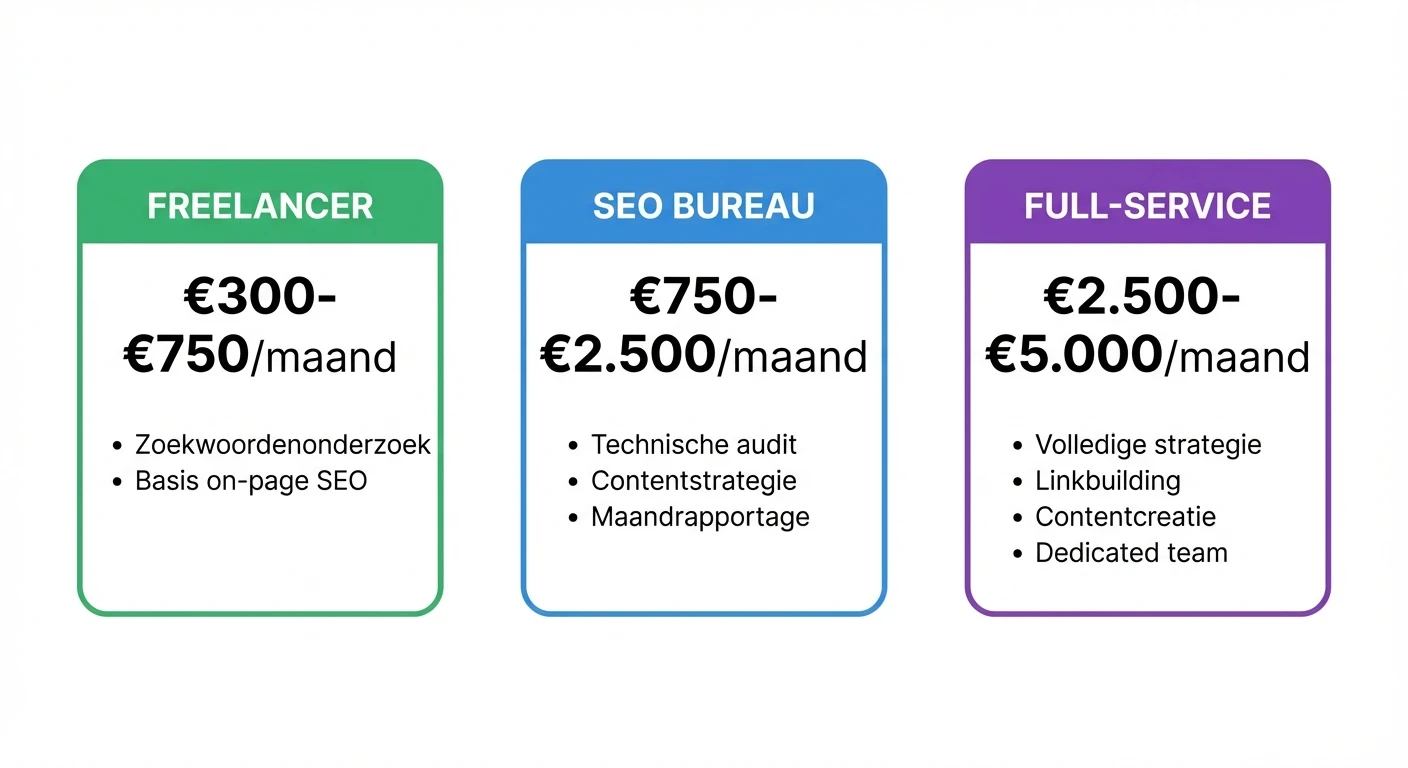 Infographic: SEO kosten vergelijking - Freelancer €300-€750, SEO Bureau €750-€2.500, Full-Service €2.500-€5.000 per maand