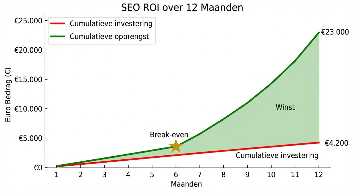 Infographic: SEO ROI over 12 maanden - break-even bij maand 6, cumulatieve opbrengst €23.000 vs investering €4.200