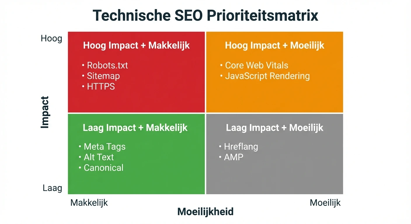 Infographic: Technische SEO prioriteitsmatrix - Hoog Impact + Makkelijk (Robots.txt, Sitemap, HTTPS) vs Hoog Impact + Moeilijk (Core Web Vitals, JS Rendering)